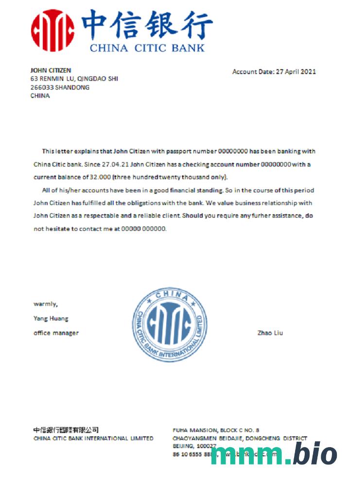 Przykład odniesienia China Citic Bank Corp w formatach Word i PDF